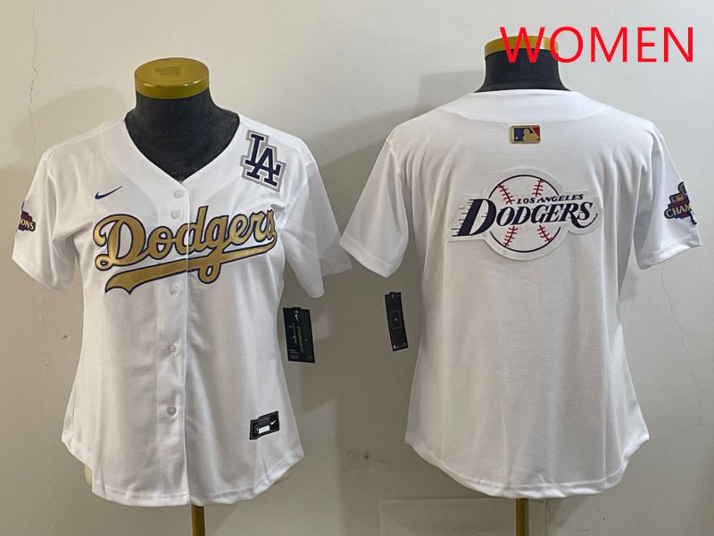 Women Los Angeles Dodgers Blank White Champion gold character 2025 Nike MLB Jersey style 28->women mlb jersey->Women Jersey